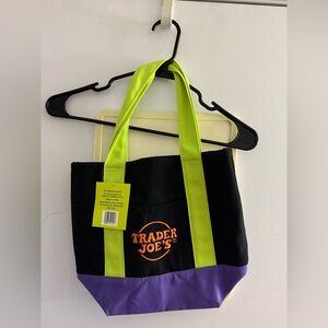 Trader Joe's Black Canvas Tote with Neon Green Straps and Purple Base